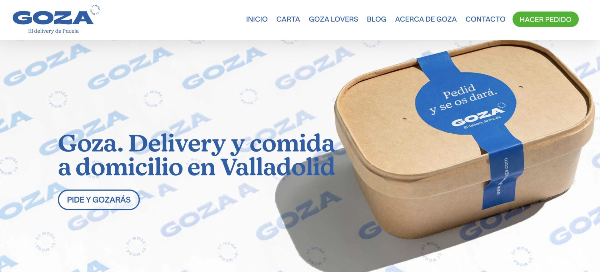 Página web de Goza by Moga dedicada al servicio de comida a domicilio en Valladolid, con protagonismo del packaging de sus platos preparados. Se destaca su propuesta de delivery y una llamada clara a realizar pedidos, reforzando la identidad de marca y el enfoque en comida lista para consumir.